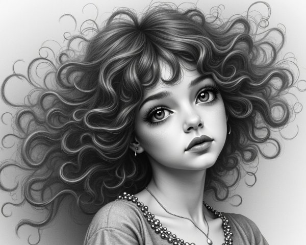 Portrait of a Young Girl with Curly Hair and Necklace