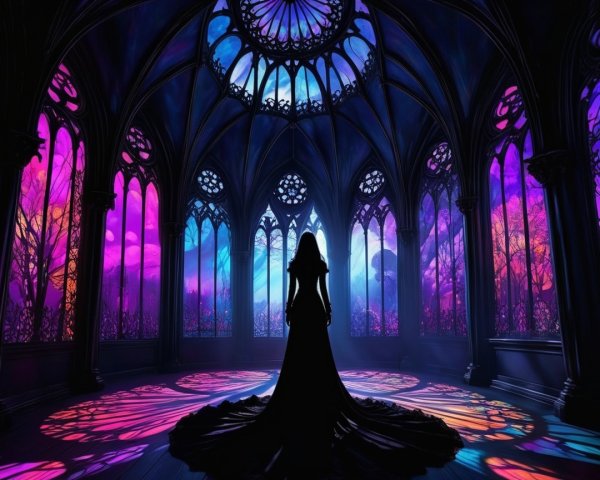 Gothic Cathedral with Stained Glass and Woman's Silhouette