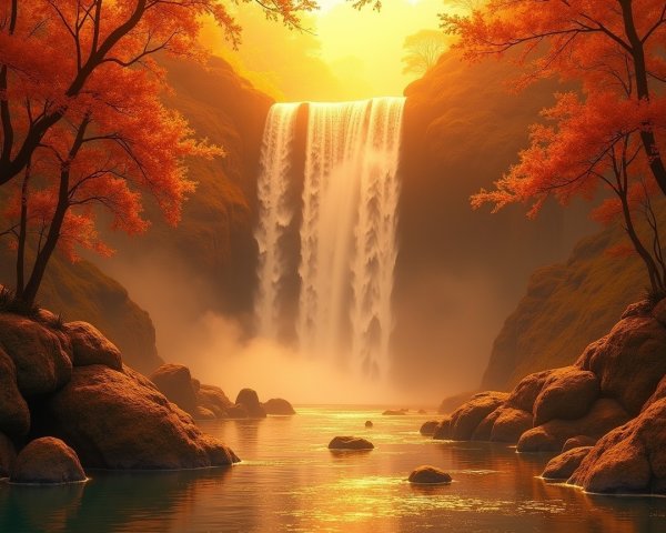 Majestic waterfall surrounded by autumn foliage and sun