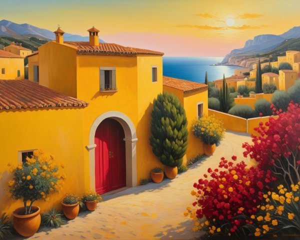 Coastal Scene with Yellow House and Sunset Glow