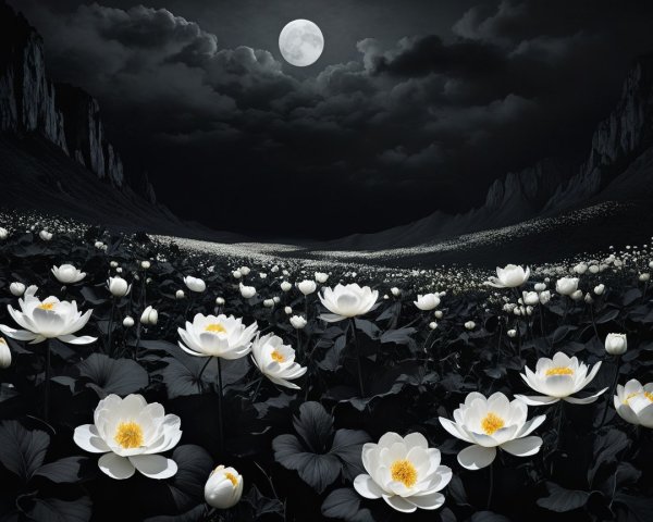 Monochromatic Landscape of Lotus Flowers Under Moonlight
