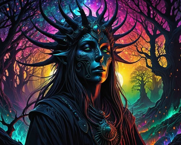 Mystical Figure in Enchanted Forest with Twilight Hues