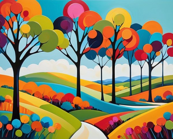 Vibrant Landscape with Colorful Stylized Trees and Hills