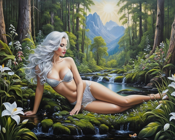 Woman with Silver Hair by a Stream in a Forest