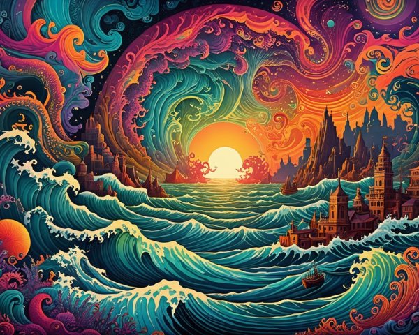 Vibrant Fantastical Seascape with Sunset and Cityscape