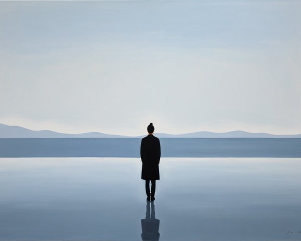 Lone Figure by Calm Water with Rolling Hills Background