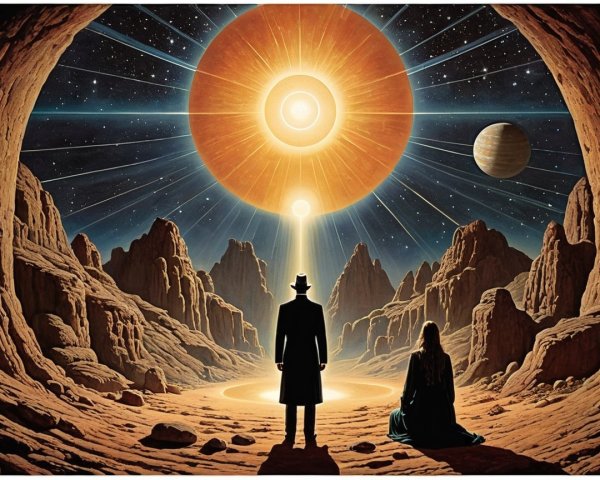 Surreal Landscape with Figure and Radiant Sun