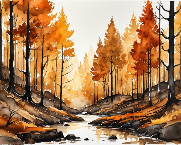 Autumn Forest Landscape with Stream and Soft Light