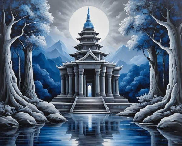 Monochromatic Landscape with Temple and Moon Reflection