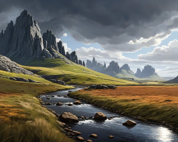 Majestic Mountains and Serene River Landscape Scene