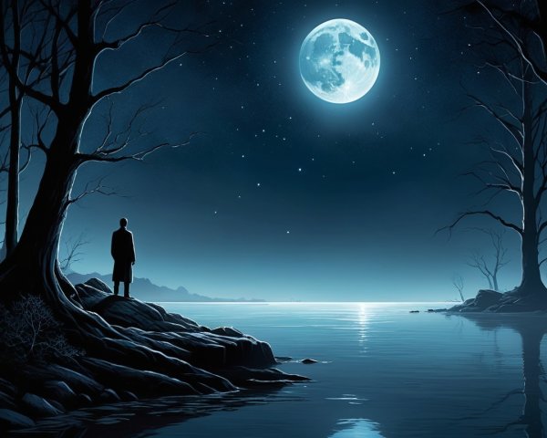 Solitary Figure by Moonlit Lake at Night