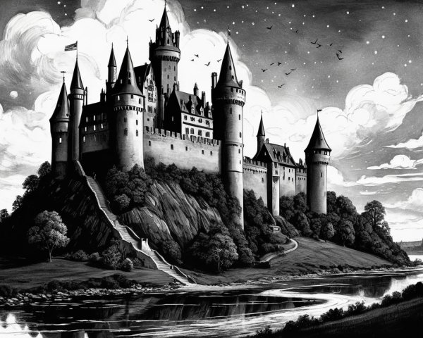 Majestic Castle on Rugged Hill Under Moonlit Sky
