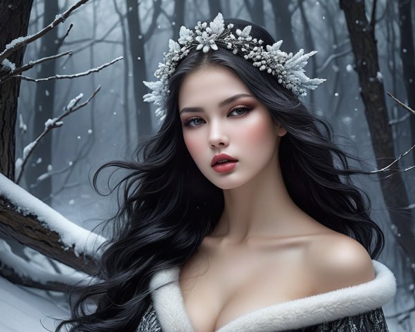 Young woman in winter forest with crown and fur top