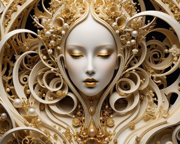Serene Stylized Face with Gold and White Patterns