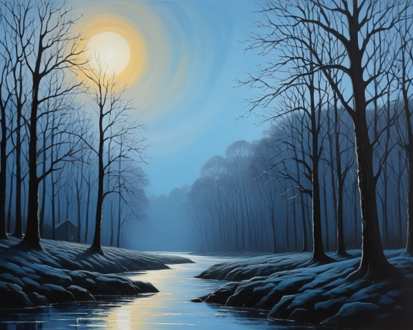 Serene winter landscape with moonlit river and cabin
