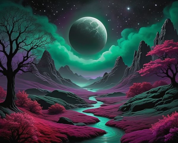 Surreal Landscape with Vibrant Colors and Moonlight