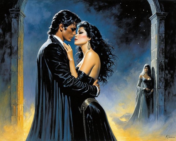 Elegant Embrace Under Starry Sky with Intriguing Background
