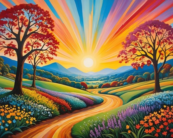Vibrant Landscape with Colorful Hills and Flowers