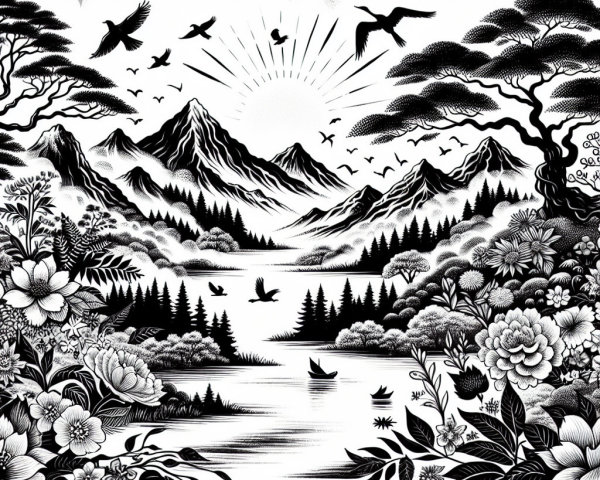 Black-and-white illustration of a serene landscape