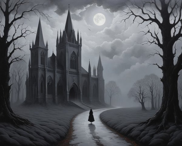 Gothic Cathedral Under Full Moon in Dark Atmosphere