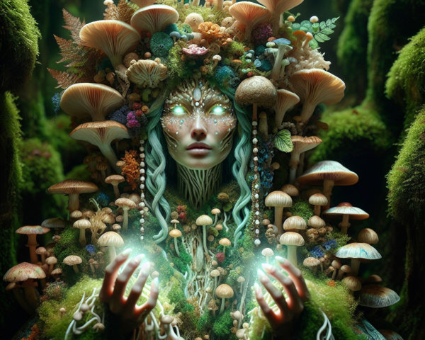 Mystical forest figure with flora and glowing orbs