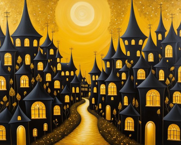Whimsical Landscape with Black Houses and River