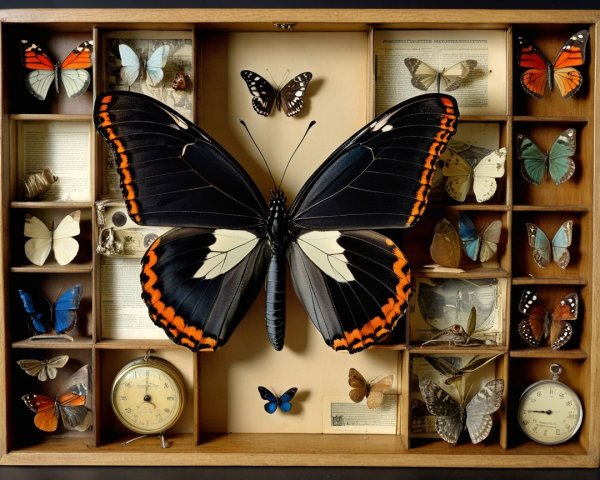 Display Case of Colorful Butterflies and Vintage Clocks
