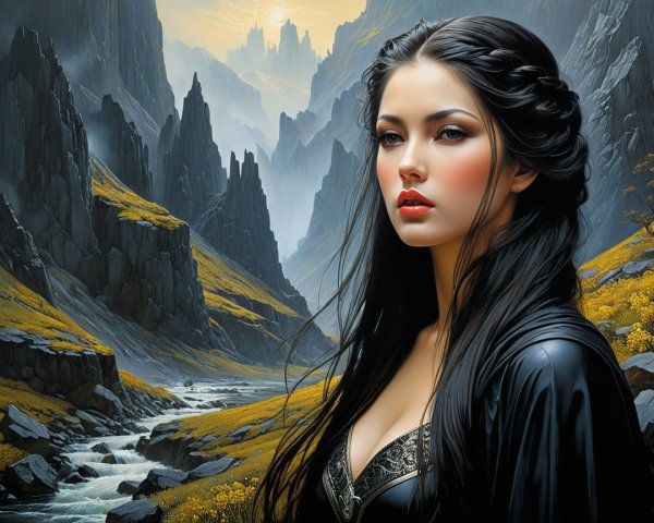 Young Woman in Dark Outfit Amidst Autumn Landscape