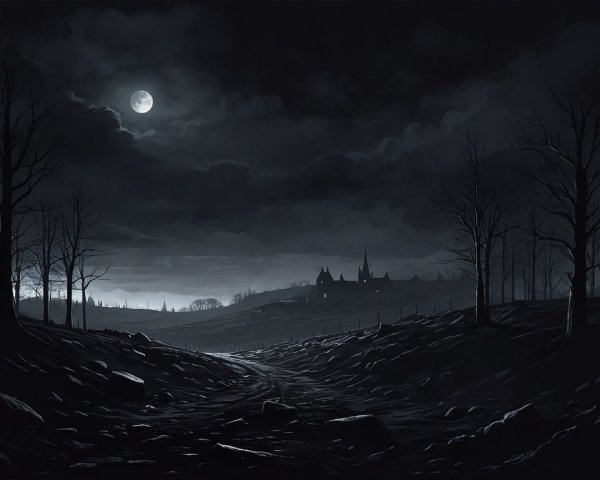 Desolate Landscape Under Full Moon and Ominous Clouds