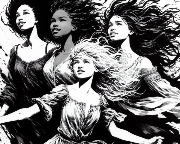 Four Women in Dynamic Poses with Flowing Hair
