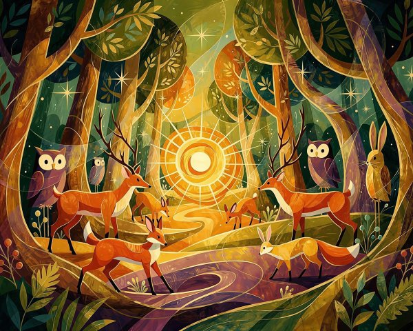 Intricate Stained Glass Art Print of Forest Animals