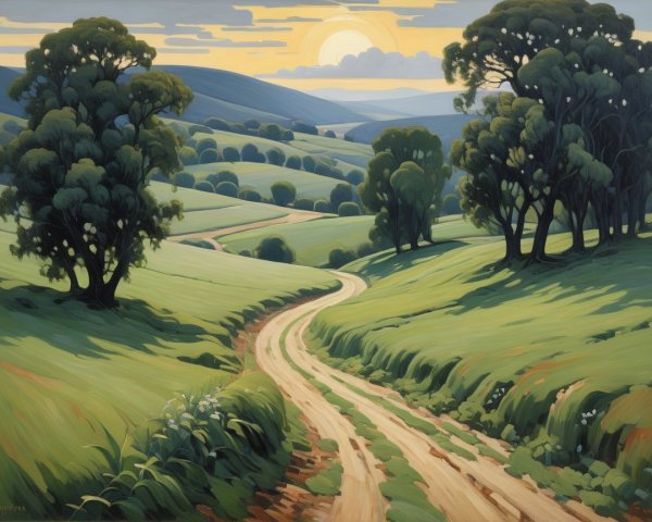 Serene Landscape with Rolling Hills and Sunrise