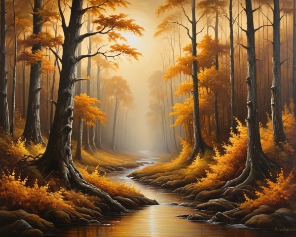 Autumn Forest Scene with Golden Sunlight and Creek