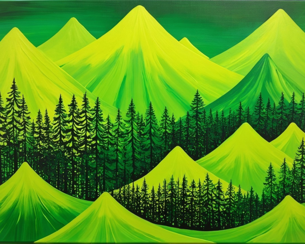 Vibrant Landscape of Stylized Mountains and Forest