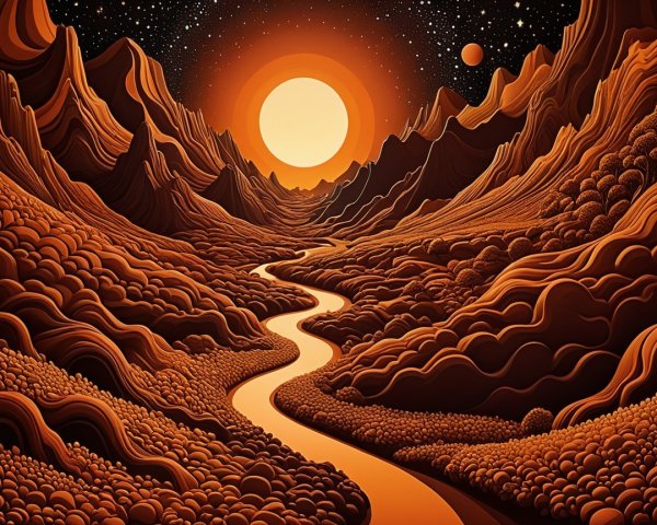 Surreal landscape with textured mountains and glowing sun