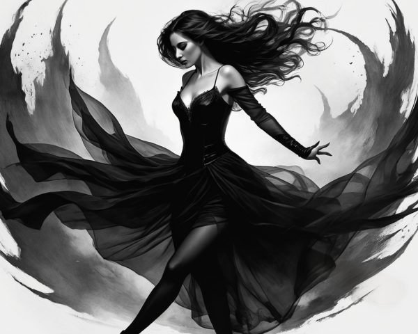 Monochrome Illustration of a Woman in a Black Gown