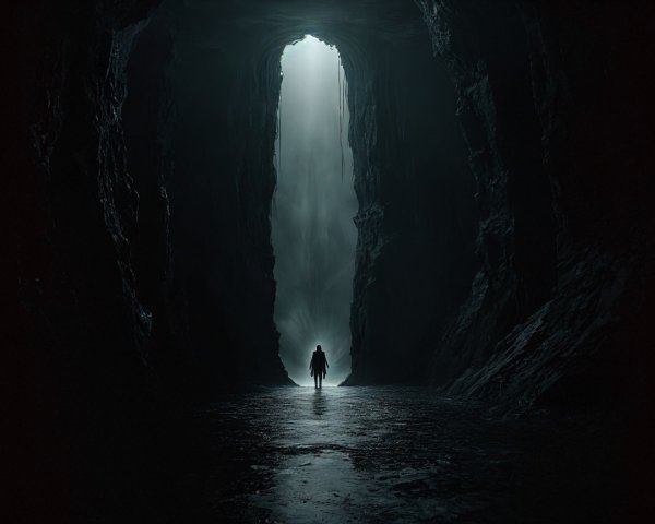 Lone Figure at Dark Cavern Entrance with Ethereal Light