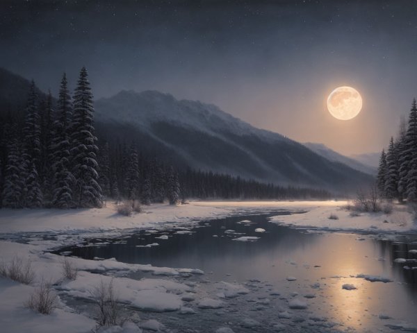 Winter Landscape with Moonlit River and Pine Trees