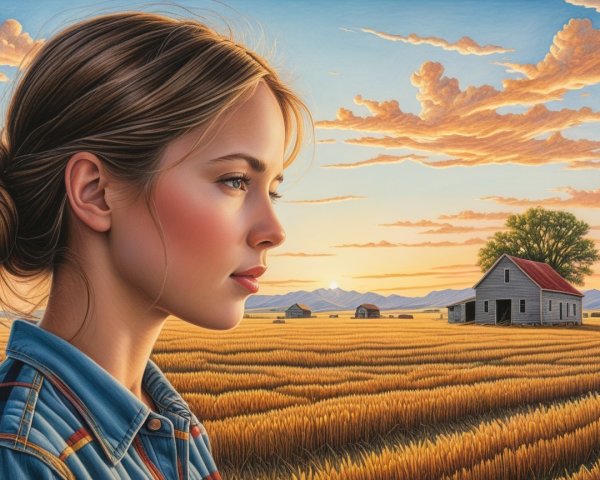 Serene Landscape with Young Woman at Sunset