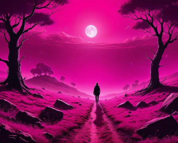 Surreal Landscape with Vibrant Pink Hues and Moonlight