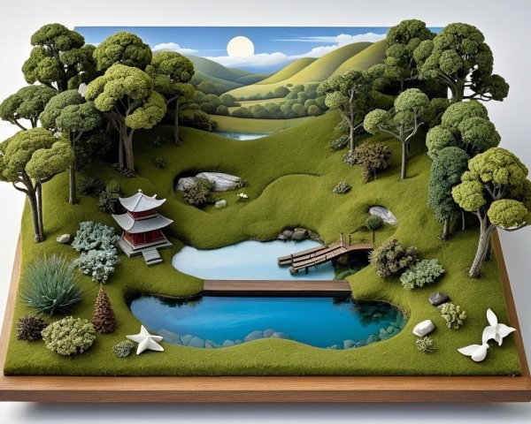Miniature Landscape with Pond and Pagoda Features