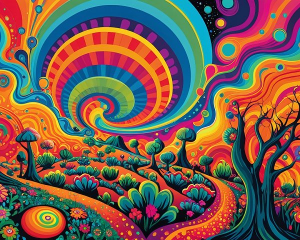 Psychedelic Landscape with Colorful Vegetation and Sky