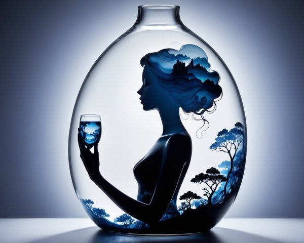 Glass Vase in Woman's Silhouette with Nature Design