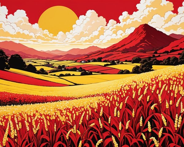 Vibrant Wheat Fields Under Dramatic Sunset Landscape
