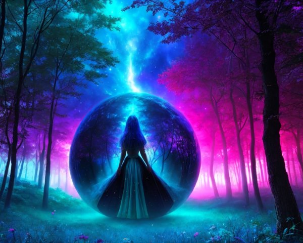 Mystical Forest with Shimmering Sphere and Enchanted Light