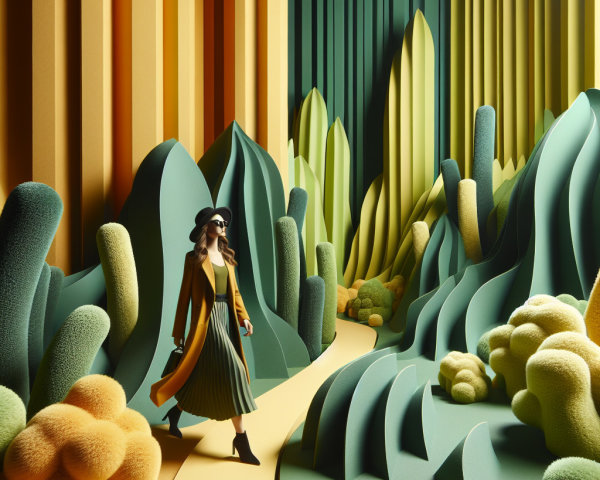 Woman in Abstract Landscape with Colorful Mountains