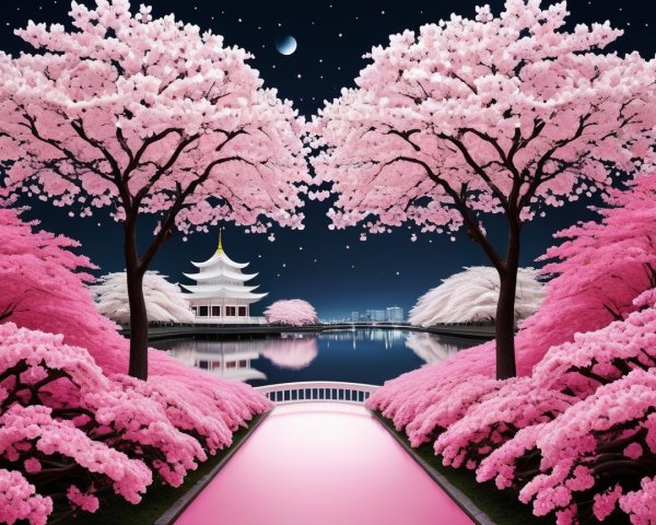 Tranquil Lake and Cherry Blossoms Under Night Sky