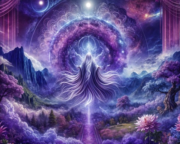 Cosmic Landscape with Mystical Figure and Galaxy