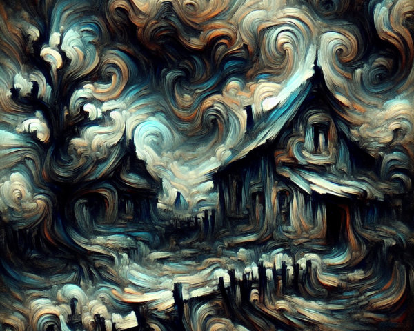 Stylized painting of a dilapidated village scene