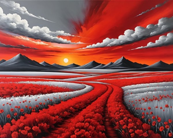 Landscape Painting of Poppy Fields and Mountains